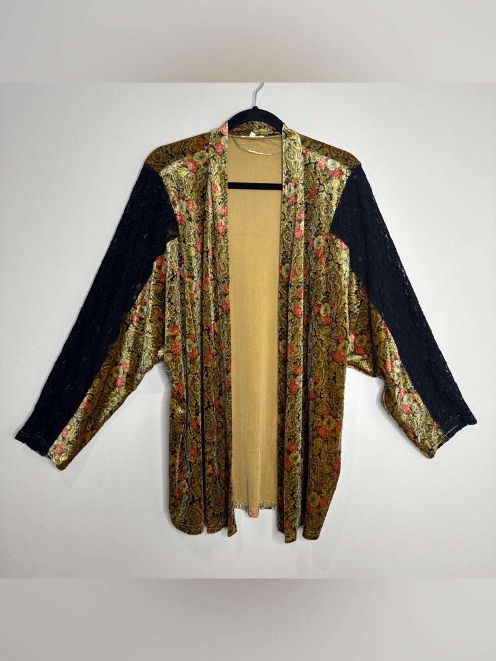 Mystree Boho Floral Velvet Black Lace Open Front Kimono Cardigan Fairy Goth S/M